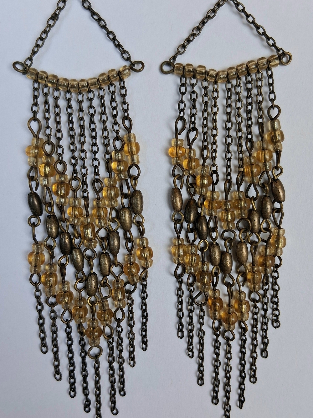 Vintage Boho 5" Fringe Dangle Earrings in Amber Color & Antique Gold Tone
